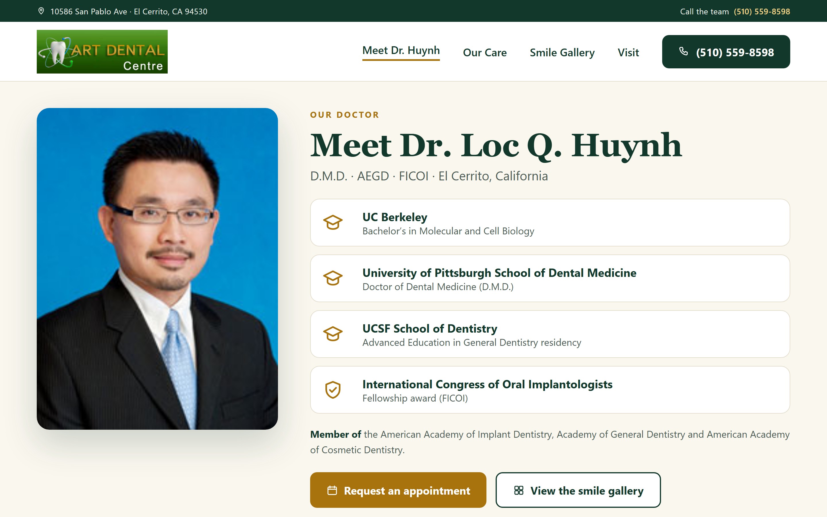 Proposed Meet Dr. Loc Q. Huynh page with training timeline and appointment button