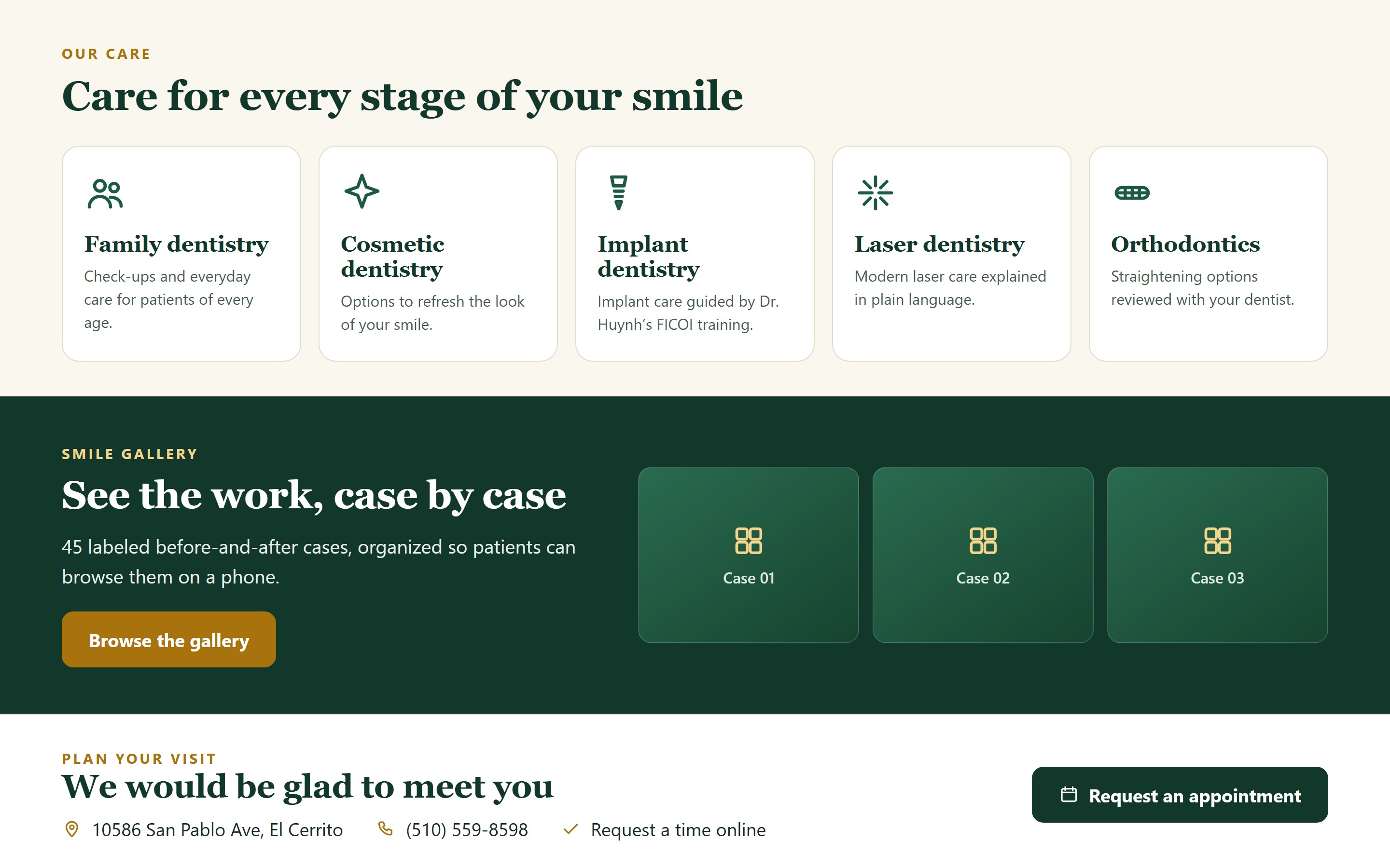 Proposed Art Dental Centre homepage sections: care options, smile gallery and visit details