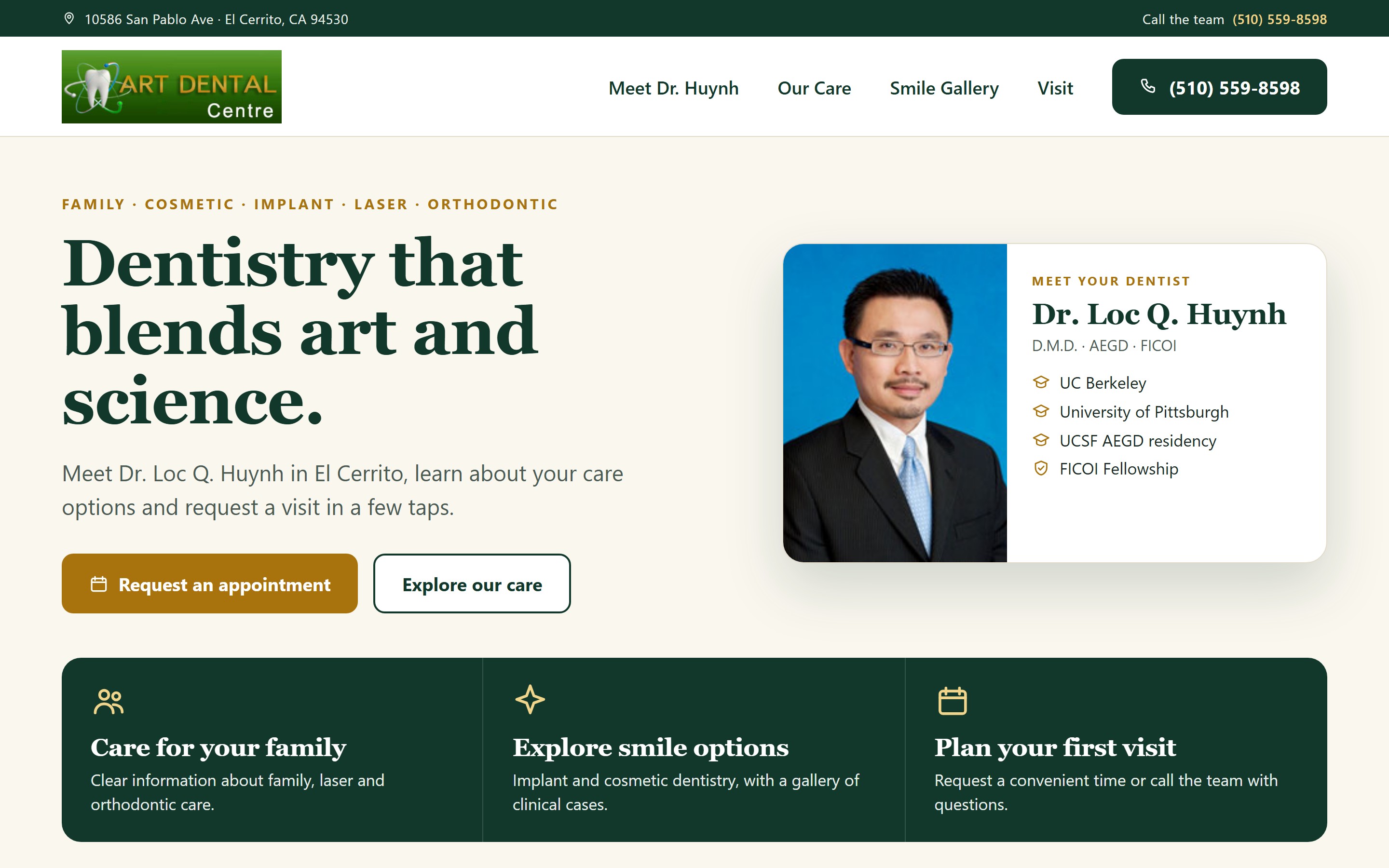 Proposed Art Dental Centre homepage with doctor introduction, care pathways and appointment button